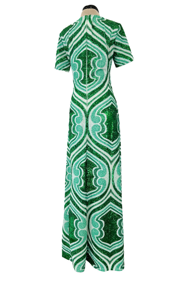 Magnificent Spring 2022 Etro Runwy Look 38 Fully Sequinned Green Silk Chiffon Full Length Dress