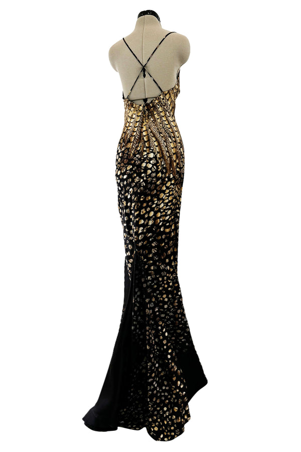 Gorgeous Spring 2005 Roberto Cavalli Black & Gold Feather Print Bias Cut Silk Dress w Open Criss Cross Back