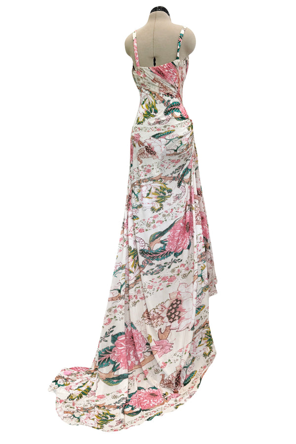 Phenomenal Spring 2006 Roberto Cavalli Red Carpet Documented Pink Floral Print on Ivory Silk Jersey Dress