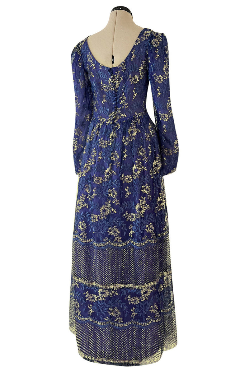 1970s Lanvin by Jules-Francois Crahay Demi-Couture Metallic Gold Detailing Blue Dress