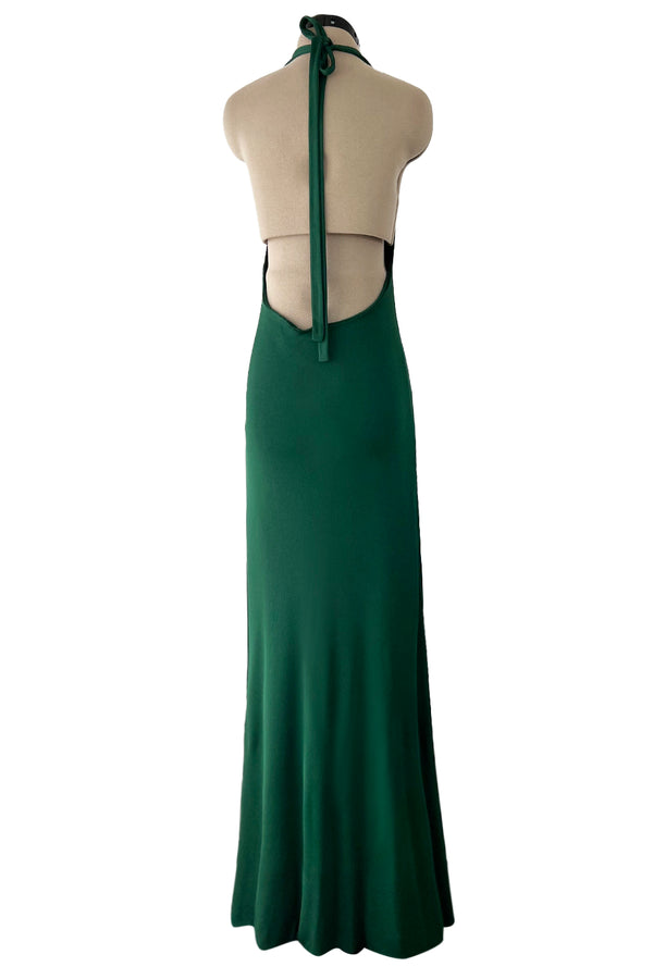 Sexiest 1974 Halston Couture Deep Green Silk Jersey Backless Dress w Front Plunge & Long Ties