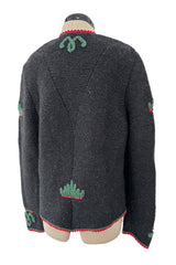 Prettiest 1980s Wolkenstricker Charcoal Colour Hand Knit Cardigan Sweater w Floral Details