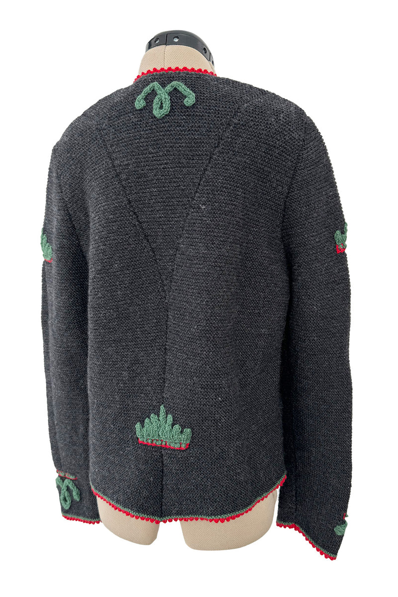 Prettiest 1980s Wolkenstricker Charcoal Colour Hand Knit Cardigan Sweater w Floral Details