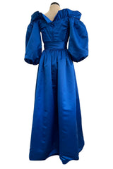 Wonderful 1980s Dan Werle Brillant Blue Silk Dress w Ruffled Off Shoulder Neckline