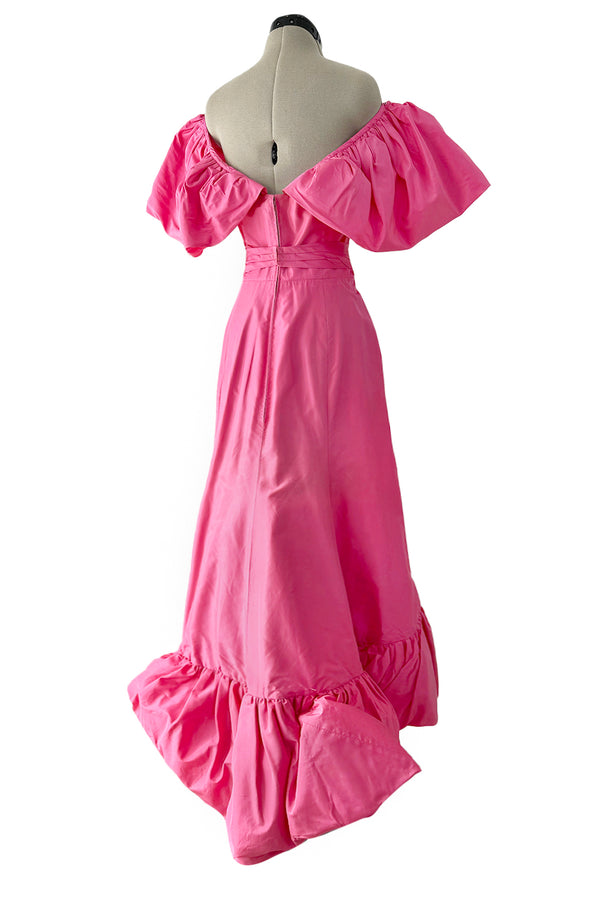 1980s Unlabeled Demi-Couture Pink Silk Dress w Ruffled Front & Caped Shoulders