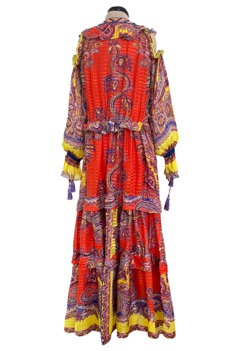 Recent Etro Gorgeous Printed Coral Ribbon Silk Chiffon Caftan Dress w Plunge Lace Up Neckline