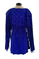 Rare 1980s Jan Faulkner Hand Made Blue Suede Mini Dress & Matching Belt