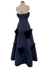 Incredible 1980s Hubert de Givenchy Haute Couture Strapless Blue Matte Silk Dress w Velvet Bow Detailing