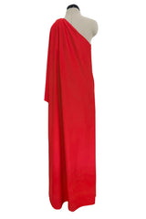 Dreamy 1978 Halston IV Red East-to-Wear Jersey One Shoulder Draped Dress w Side Slit