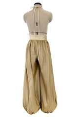 1981 Bill Tice Gold Metallic Backless Jumpsuit w Wide Balloon Legs