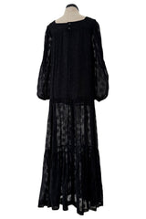 Chic c.1973 Yves Saint Laurent Black Gauzy Feeling Silk Chiffon Dress w Pattern & Full Sleeves