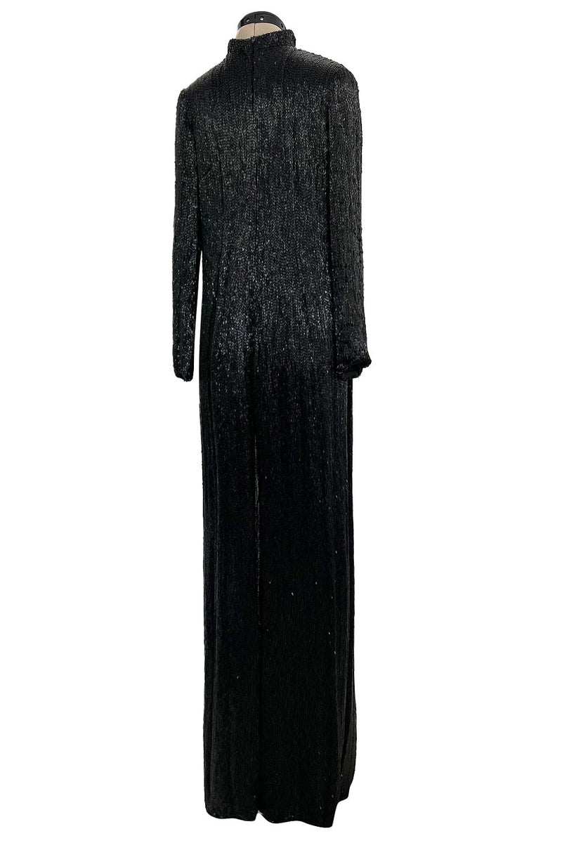 Incredible 1970s John Anthony Glossy Black Completely Hand Beaded Runway Sample Dress