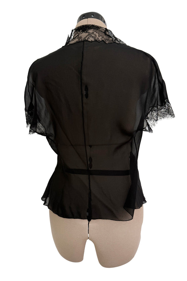 Beautiful mid-1980s  Emanuel Ungaro Haute Couture Black Silk Chiffon & Handmade Lace Wrap Top