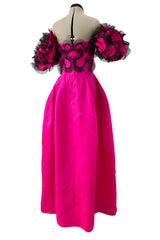Book Documented Spring 1988 Bill Blass Bright Pink Silk & Black Net Ruffle Dress w Pouf Sleeves