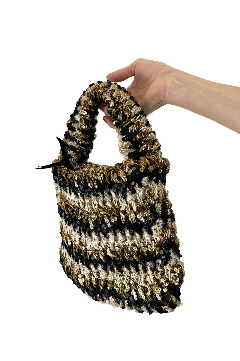 Hand Made to Order 1930s John-Fredericks Metallic Gold & Black Woven Evening Bag w Sequin Detailing