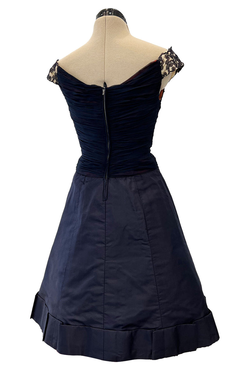 Elegant 1950s Jobere New York Deep Blue Silk & Silk Chiffon Dress w Lace Detailing