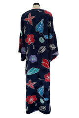 Easy-to-Wear 1980s Hanae Mori Printed Leaf & Flower Blue Silk Caftan Dress w Wide Sleeves