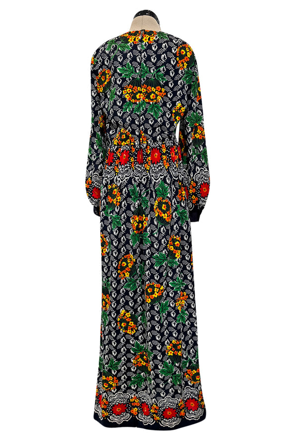 Early 1970s Oscar de la Renta Bright Floral Print on Deep Blue Jersey Dress