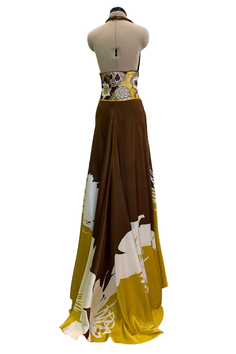 Phenomenal Spring 2005 Original Valentino Runway Look 56 Brown Yellow Floral Print Halter Dress w Sequin Waist Band