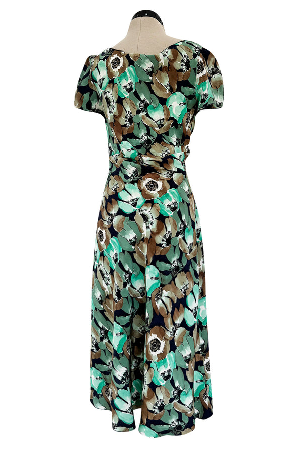 Prettiest 2019/2020 Prada 40s Inspired Lightweight Silk Dress w Green Floral Print & Ruffled Details