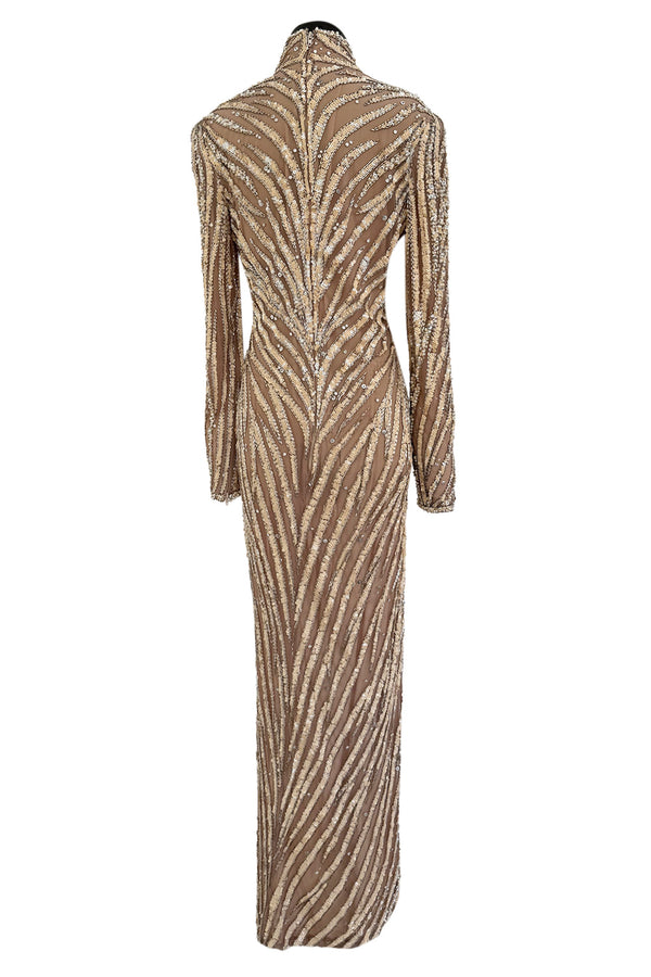 Incredible & Rare 1980s Bob Mackie Well Documented Ivory Sequin & Nude Stretch Net High Slit Dress