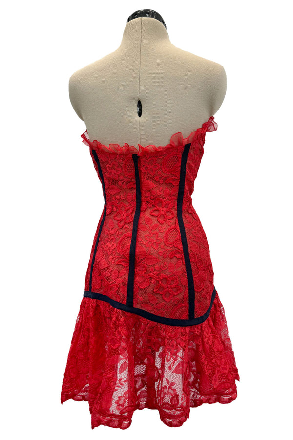 Amazing Spring 1992 Yves Saint Laurent Runway Red Lace Strapless Dress w Grosgrain Detailing