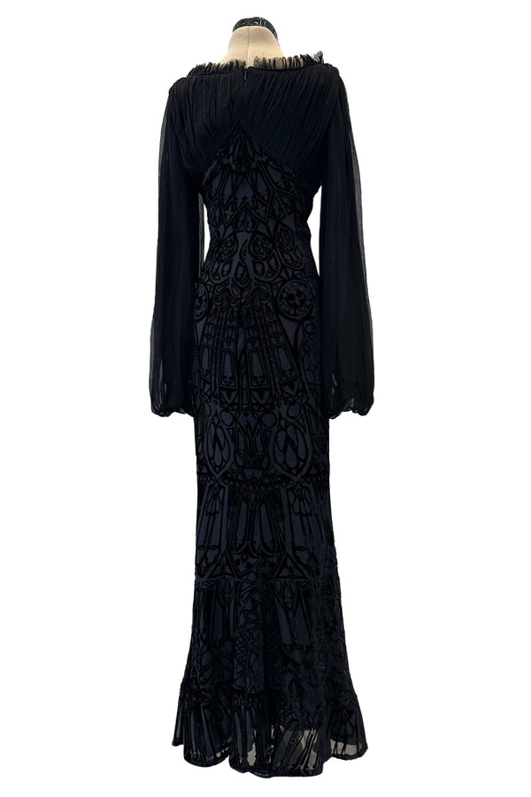 Beautiful Spring 2004 Alexander McQueen Cut Device Silk Velvet Dress w Silk Chiffon Balloon Sleeves