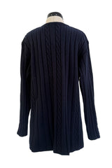 Fantastic 1980-90s Louis Feraud Deep Blue Cable Knit Cardigan Sweater w Metal Gold Tone Buttons