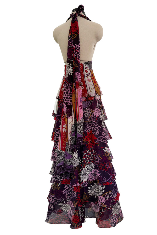 Prettiest Fall 2006 Original Mr. Valentino Purple Print Ruffled Skirt & Plunging Halter Top Dress Set