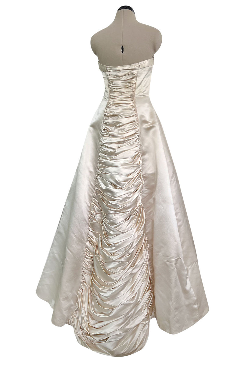 Exceptional 1950s Philip Hulitar Couture Chanpagne Silk Satin Strapess Dress w Elaborate Gathered Panels