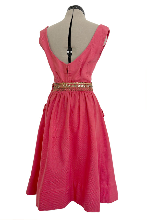 1950s Unlabeled Lanvin-Castillo Couture Elaborate Gold Beaded Pink Waffle Weave Top & Skirt