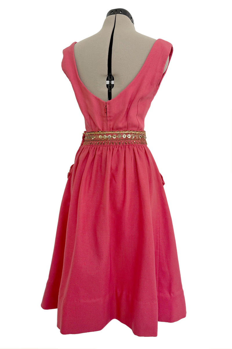 1950s Unlabeled Lanvin-Castillo Couture Elaborate Gold Beaded Pink Waffle Weave Top & Skirt