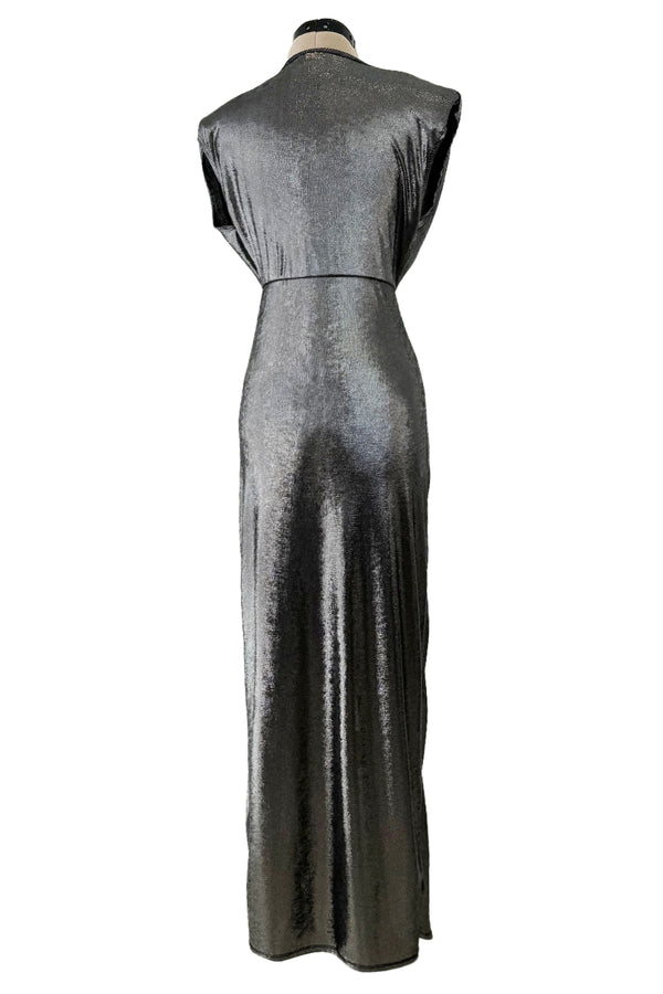 Fantastic 1990s Gianni Versace Metallic Silver Stretch Jersey Dress w Front Plunge & Long Tie