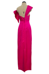 2000s Valentino Roma Brillaint & Vibrant Pink Silk One Shoulder Dress w Draped Front Panels