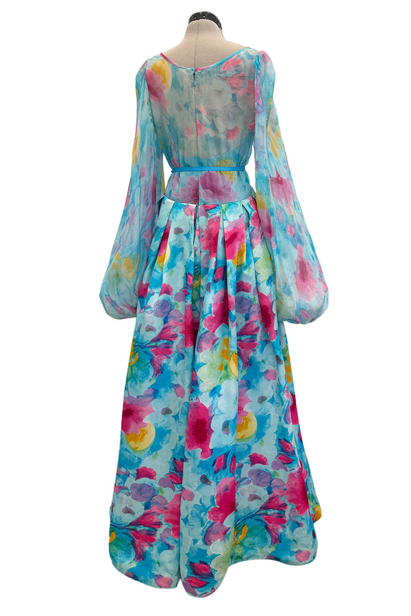 Prettiest 1970s Richilene Pastel Turquoise & Pink Floral Print Silk & Silk Chiffon Dress w Balloon Sleeves