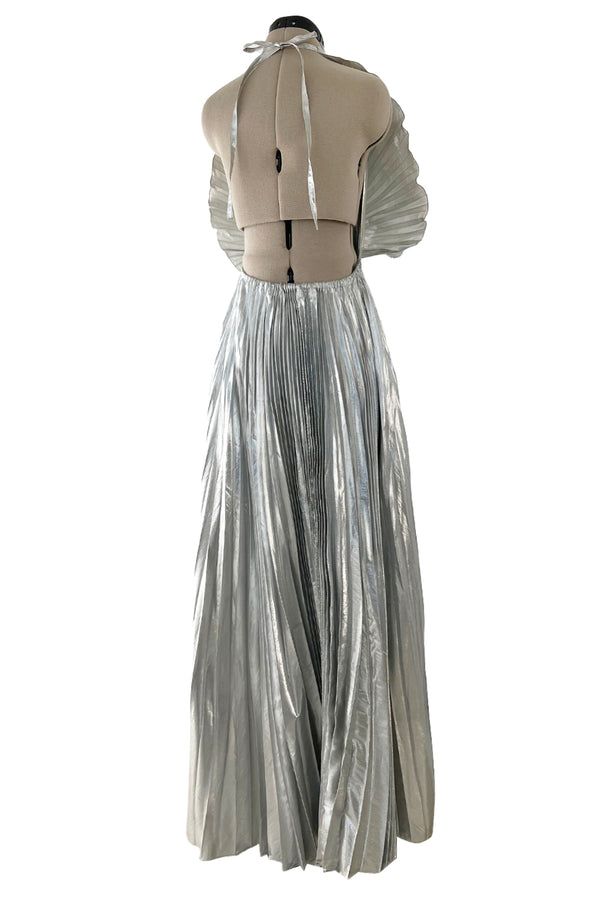 Exceptional 1970s Roland Klein Metallic Silver Lame Pleated Fan Dress w Completely Open Bare Back