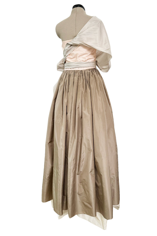 Dreamy Early 1980s Bill Blass Pink, Champagne  & Taupe Silk One Shoulder Dress w Full Skirt