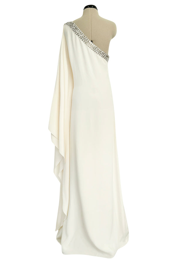 Beautiful 2000s Emilio Pucci Ivory Silk One Shoulder Caftan Dress w Gold & White Beaded Detail