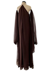 Extraordinary 1970s Yuki Brown Chiffon Caftan Dress w Open Shoulders & Incredible Sleeves