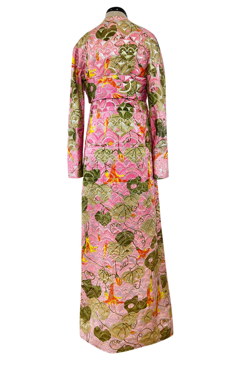 Stunning Fall 1970 Bill Blass Pink Quilted SIlk Floral Pattern Metallic Dress w Banded Waist