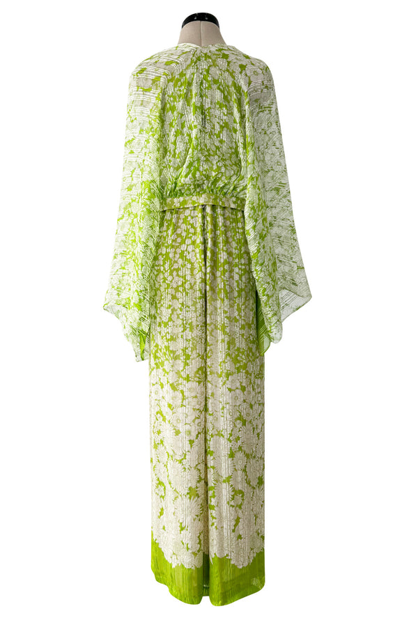 Fantastic 1970s Pauline Trigere Two Piece Green Silk Chiffon  Plunge Top & Wide Leg Pant Set