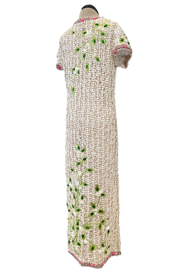Exquisite 1960s Mr Blackwell One Off Highly Detailed & Embellished Ivory Sheath Dress
