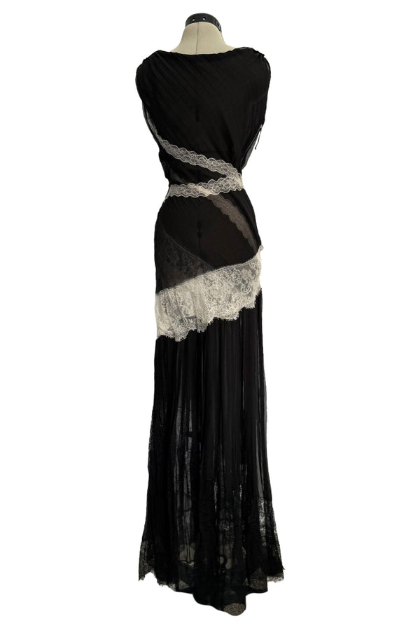 Ethereal Spring 2011 Nina Ricci by Peter Copping Black Silk Chiffon & Ivory Lace Plunge Dress