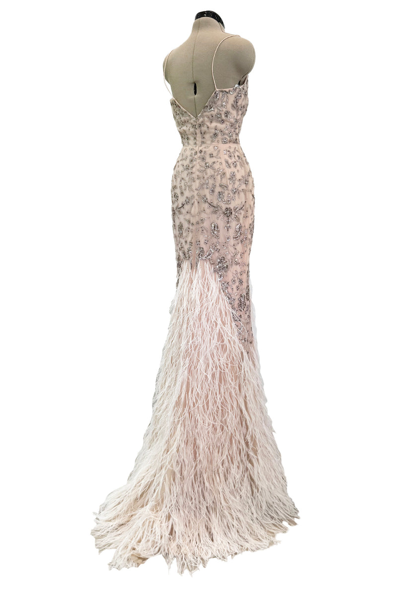Dreamy Spring 2012 Oscar de la Renta Runway Look 47 Nude Pink Feather Dress w Silver Thread Flowers Detailing