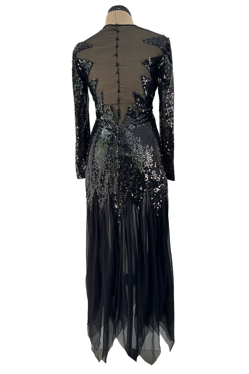 Incredible 1973 Loris Azzaro Couture Black Flame Sequin Detailing & Feather Light Silk Chiffon