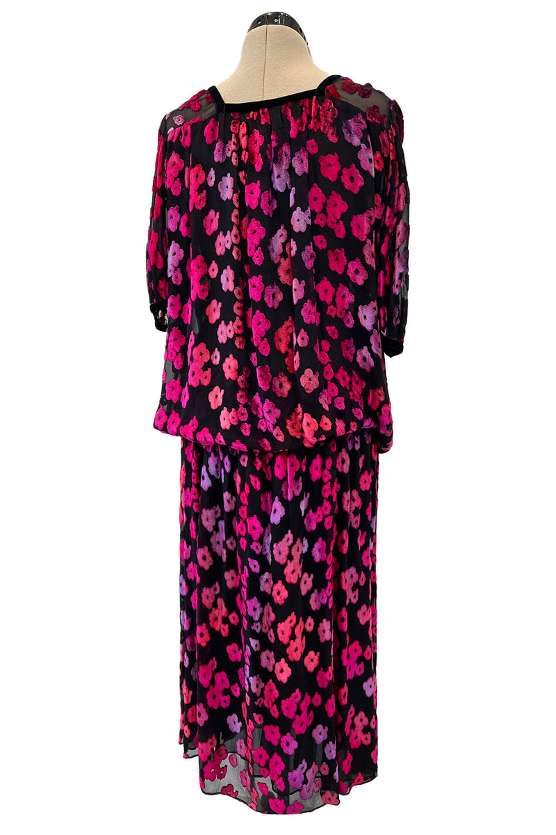 Prettiest 1970s Courreges Bright Pink Floral Velvet on Black Silk Chiffon Dress w Numbred Label