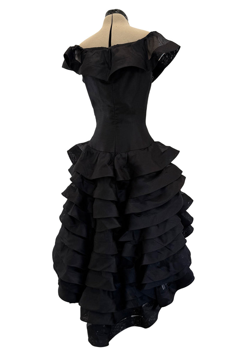 Gorgeous Spring 1992 Oscar de la Renta Runway Black Silk Organza Net Ruffled Off Shoulder Dress