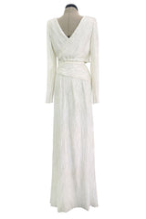 Stunning 1970s-80s Mary McFadden Couture White Pleated Dress w Attached Braided Belt