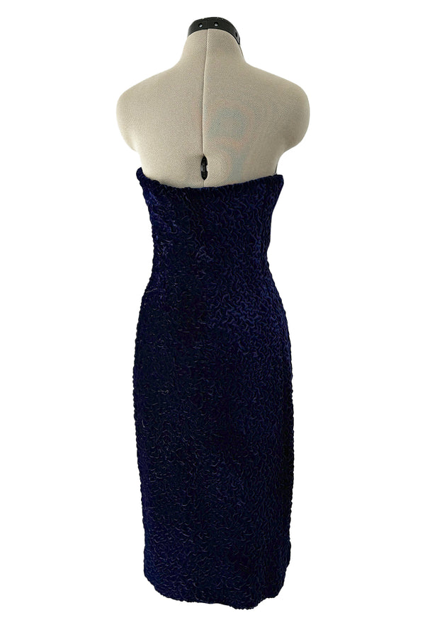 Fantastic Fall 1986 Yves Saint Laurent Runway Strapless Deep Purple-Blue Hand Gathered Velvet Dress