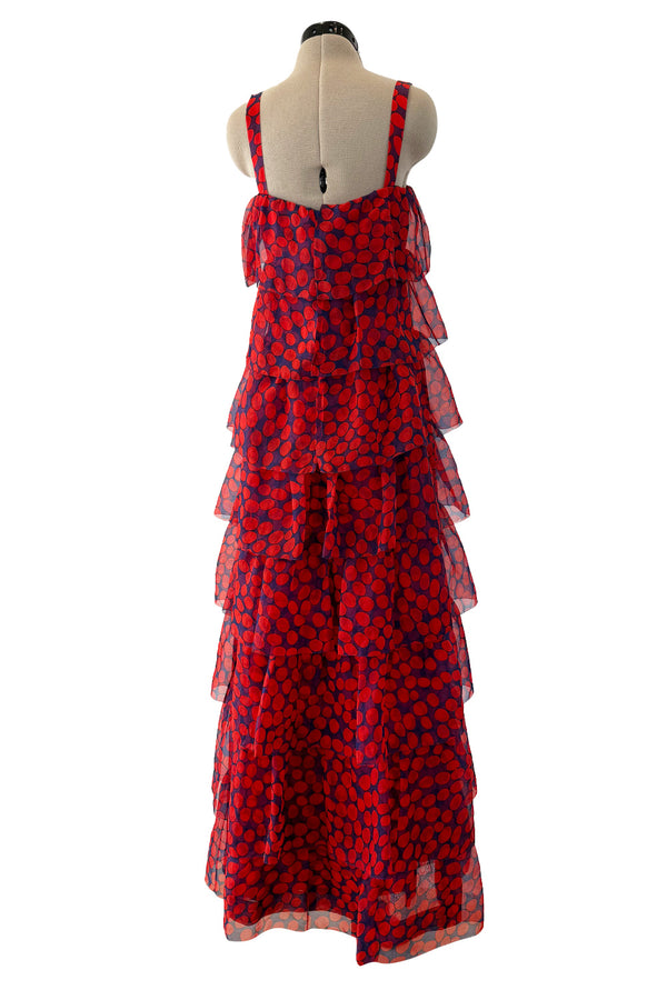 Gorgeous 1970s Givenchy Blue & Red Dot Tiered Silk Organza Ruffle Dress